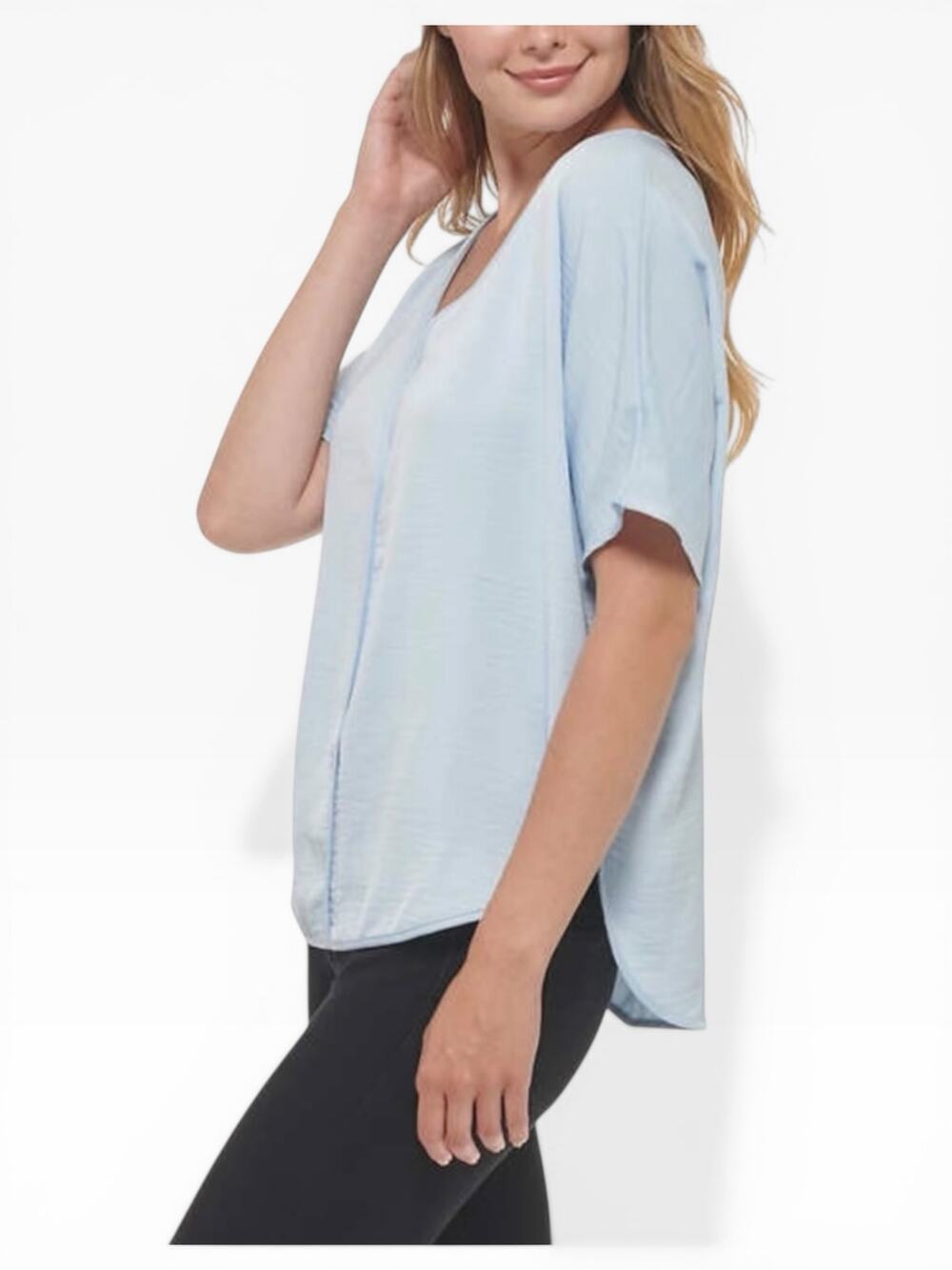 DKNY Jeans V Neck Top Women Medium Blue Hi Low NWT